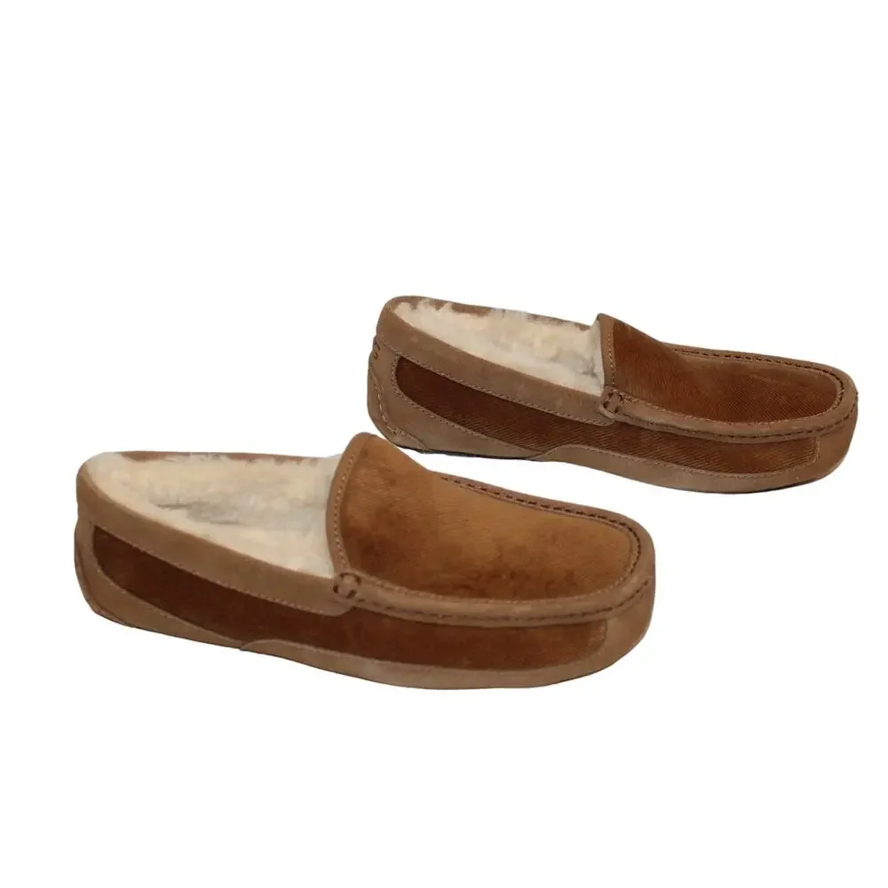NIB UGG MEN'S ASCOT CORDUROY SUEDE SHEARLING LINED SLIPPERS CHESTNUT‎